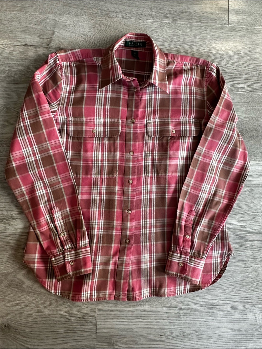 Lauren Ralph Lauren Ladies M Pink Brown Plaid 100% Cotton Button Up